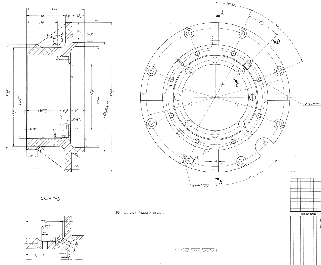 Hand-marked engineering drawing of a bearing housing that the system reads and extracts specifications from